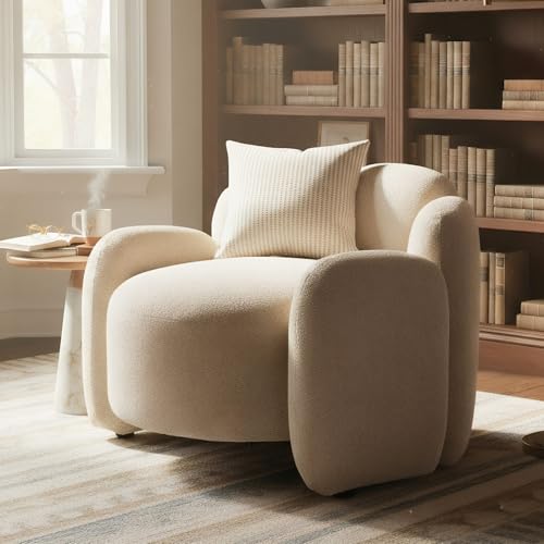 Hyfirm Mid-Century Modern Accent Chair Scandinavian Upholstered Barrel Armchair with Solid Wood Base, Comfy Single Sofa Chair for Living Room, Bedroom, Study, Apartment, Khaki