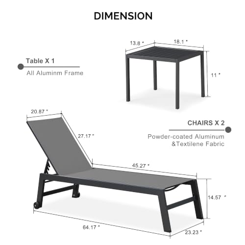 Image of PURPLE LEAF Patio Chaise Lounge Set of 4 with Wheels, Adjustable, Grey | Rustproof Aluminum Frame, Quick-dry Textilene, 5-Position Reclining Back, All-Weather Durable, Side Table Include, for Pool