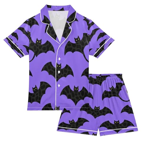 Satin Pajama Sets Short Sleeve Black Bats on Purple Background Button Down Silky Nightwear 2 Piece PJS 5-14Y