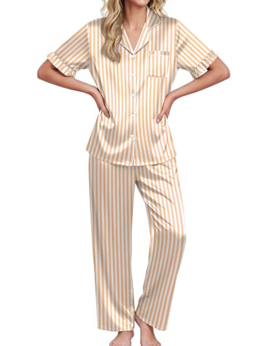 Image of Ekouaer Silk Satin Pajamas for Women Set 2 Piece Short Sleeve Button Up Pjs
