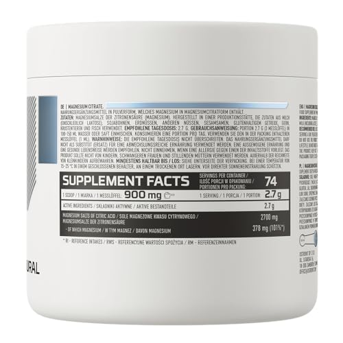 OSTROVIT Magnesium Citrate 1er pack 200g 74 Servings Portionen Magnesiumcitrat Keine Aromen und Farbstoffe Muskelkrämpfe Mudigkeit Nervensystem Gut Verfügbar