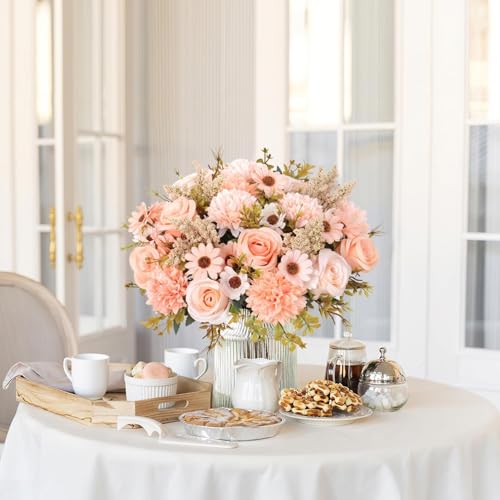 Image of Artificial Flower Bouquet for Home Decoration - 2 Pcs Faux Rose & Daisy Bouquet (Without Pot) Artificial Flowers for Living Room, Bedroom, Office, Vase Decoration (Peach)