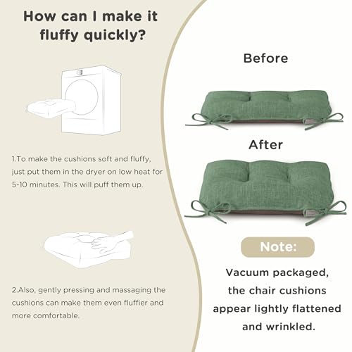 Image of AddGrace Chair Cushions for Dining Chairs Set of 1 Kitchen Seat Cushions with Ties and Non Slip Backing Tufted Indoor Seat Pad for Kitchen Dining Room 18 inch x 17 inch x 3 inch Sage Green