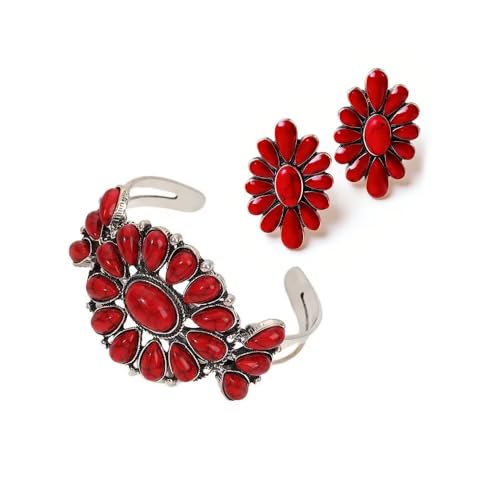 Zhang shine Bohemian Turquoise Jewelry Set for Women Vintage Statement Turquoise Cluster Flower Stud Earrings Western Cowgirl Cuff Bangle Bracelet Boho Ethnic Gift