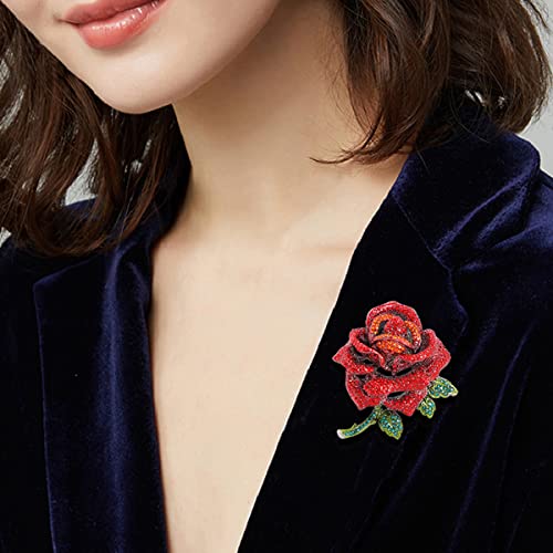 Premium Rose Flower Brooch For Women Girls Red Blue Rhinestone Crystal Rose Brooch Big Flower Lapel Pin Clothing Hat Bag Accessories Wedding Valentine's Day Christmas Jewelry Gifts (Red) #TOP1