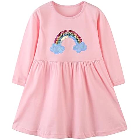 TEDD Girls Dresses Rainbow Dress 100% Cotton Long Sleeve Casual Shirt Dress for Little Kids Age 5-6 Years Cover