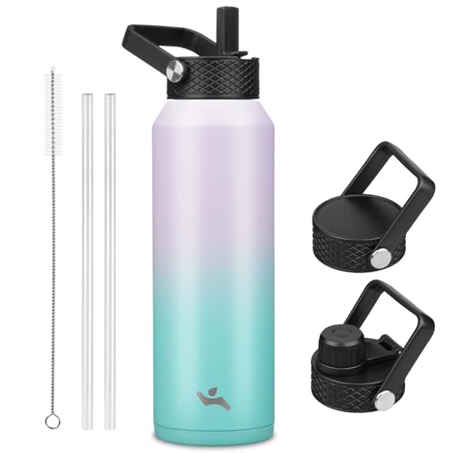 Image of Konokyo 40oz Insulated Stainless Steel Water Bottle with 3 Lids, Leakproof BPA-Free Bottle with Straw Lid, Sip Lid and Flex Cap for Gym, Travel, School, Office, Oasis