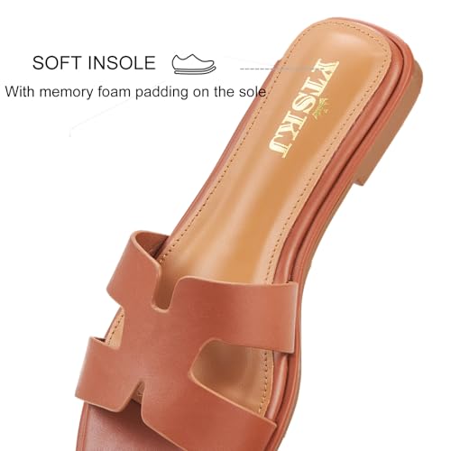 Image of Sandals for Women 2025 Dressy Slides Flat Open Toe Comfortable Soft Leather Slip On Ladies Casual Wide Width Cute Trendy Shoes Summer Beach Brown Size 8