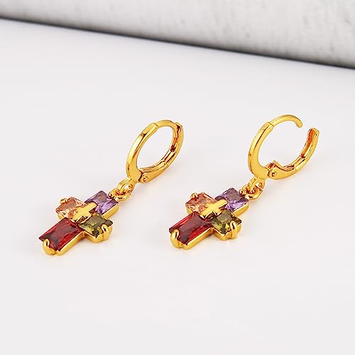 HZMAN Cross Earring for Women 14K Gold Plated Hypoallergenic Dangle Hoop Earrings Dainty Crystal Cubic Zirconia Earrings4