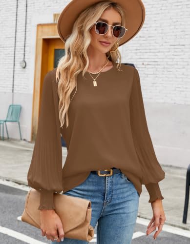 Image of Aifer Womens Tops Dressy Casual Long Sleeve Shirts Chiffon Blouses | Sheer Pleated Lantern Sleeves, Crew Neck, Back Keyhole, Versatile, Ideal for Office Workwear, Daily Outfits, Party Looks