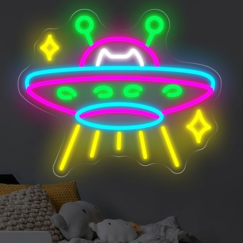 Image of UFO Neon Sign, UFO Cat Led Sign, Neon Led Wall Art, Game Room Neon Sign, Custom Neon Signs, Flying Saucer Bedroom Decor, Gift for Kids, 15.7 inchx13 inch