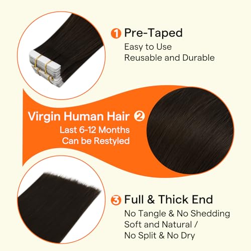 Image of Full Shine Tape in Hair Extensions Human Hair Color Dark Brown Seamless Invisible Tape in Human Hair Extensions 22 Inch 10Pcs 25Grams Add Length Unprocessed Virgin Hair for Postpartum Women