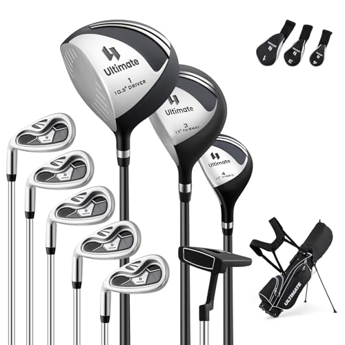 ULTIMATE Left Handed Golf Clubs for Men, 10pcs Men's Complete Golf Club Set Includes 460cc #1 Driver, #3 Fairway Wood, #4 Hybrid, #6/#7/#8/#9/#P Irons, Putter (Black)