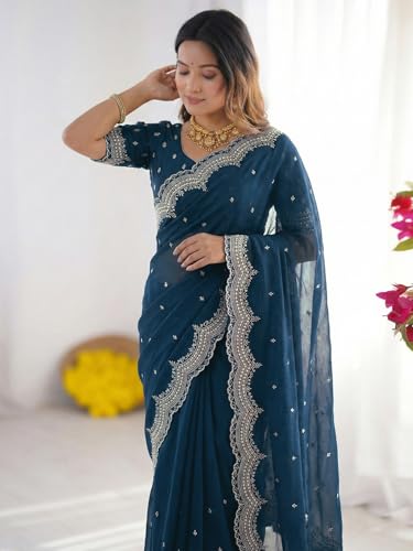 Image of SIRIL Women's Shimmer Georgette Scalloped Border Sequins Embroidery Saree with Unstitched Blouse Piece