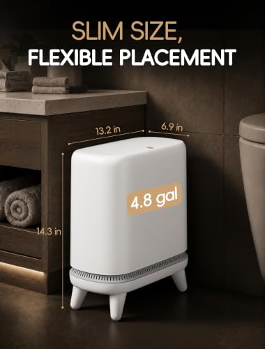 Image of Small Bathroom Trash Can with Lid, Dog Proof Slim Press Top Garbage Can, White Plastic Narrow Waste Basket, for Bathroom Bedroom Office Raised Legs 4.8 Gal with 5 Roll 75 Trash Bags