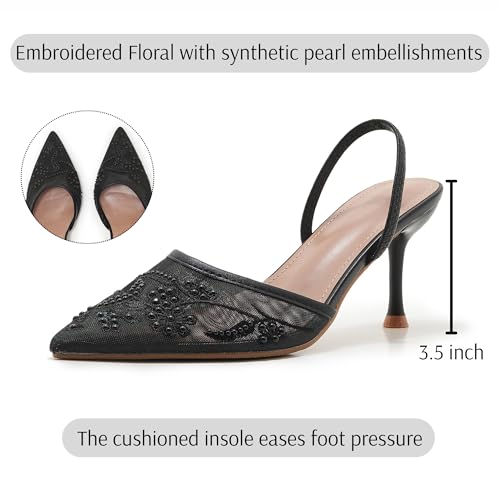 Image of Embroidered Mesh Slingback Heels for Women White Pearl Kitten Heel Pumps Pointed Toe Backless Wedding Shoes
