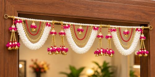 Decorative Toran with Pink Flowers, White Beads, Golden Bells, Tr...