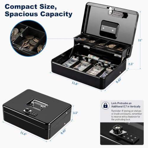 Image of KYODOLED Cash Box with Money Tray and Electronic Lock, 11.8 Inch, Black
