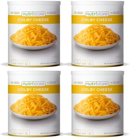 Nutristore Freeze-Dried Colby Cheese Shredded | Amazing Taste & Quality | Perfect for Snacking, & Backpacking/Camping Meals | Emergency Survival Food Storage | 25 Year Shelf-Life (4-Pack)