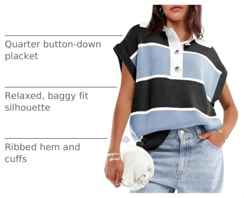 Image of Saodimallsu Women's V Neck Button Down Striped Short Sleeve Knit Sweater