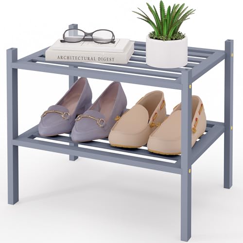 Image of Smiry Bamboo Shoe Rack, 5 Horizontal Slats, 2 Tier - 17.3 inch Wide, Grey