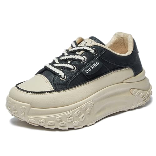Women's Leather Platform Increasing Sneakers Fashion Chunky Lace Up Low Top Sports Trainers High Top Casual Non-Slip Walking Dad Shoes