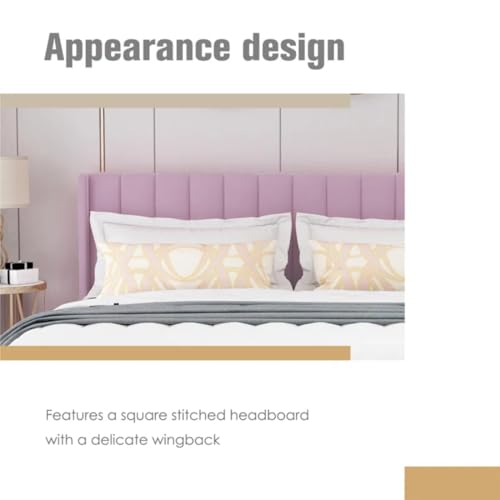 Image of Low Profile Upholstered Platform Bed with Winback Headboard | Bed King Size | Bed Without Storage | Upholstered Beds King Size | Mattress not Included | Pink