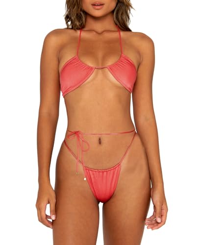 Conjunto de bikini descarado para mujer, tanga cabestro de color sólido, ajustable, cadena de dos piezas, traje de baño brasileño triángulo, Rosado, Small
