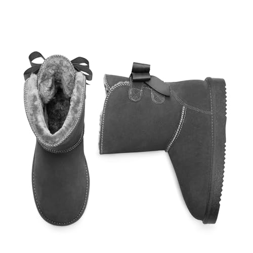 DREAM PAIRS Women's Winter Snow Boots FuzzyChic Bow Genuine Suede Leather Faux Fur Lining Memory Foam Warm Winter Short Booties for Outdoor Indoor2