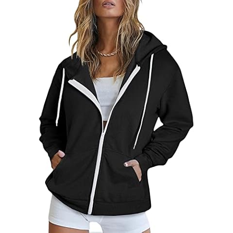 Shawhuwa Womens Long Sleeve Hooded Sweatshirt Hoodies Zip Up Track Jacket with Pockets - Black - Medium Cover