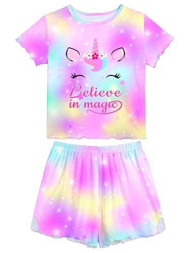 MHJY Schlafanzug Mädchen Kurz Pyjama Mädchen mit Rüschen,...
