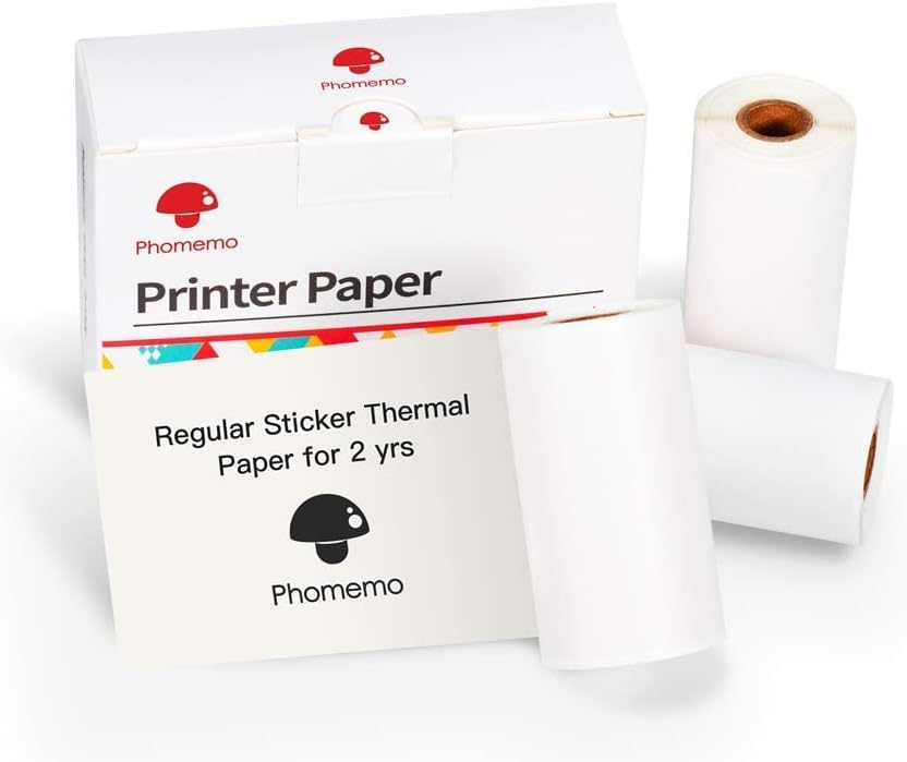 Phomemo White Self-Adhesive Thermal Paper, Glossy Printable Sticker Paper for Phomemo-M02/ M02S/ M03 /M04S Bluetooth Pocket Mobile Printer, 53mm x 3.5m, Diameter 30mm, 3-Rolls