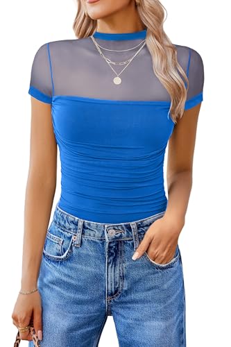 Image of Avidlove Women's Short Sleeve Bodysuit Turtle Neck Body Suits Mesh One Piece Leotard Going Out Tops Date Outfits