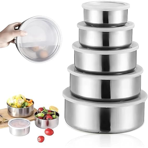 Image of LADILA 5-Piece Stainless Steel Mixing Bowl Set with Airtight Lids | Food Storage Containers for Kitchen, Chapati, Curry, Salad & Snacks | Rust-Proof, Leak-Proof, Stackable, Freezer & Dishwasher Safe