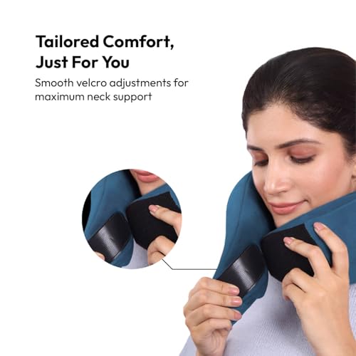 Image of Frido Travel Neck Pillow, 100% Hi-Per Foam, Lightweight Neck Support Pillow, Neck Pillow for Flight Travel, Memory Foam Car Neck Pillow, Adjustable Velcro Straps, Free Travel Pouch (Sapphire Blue)