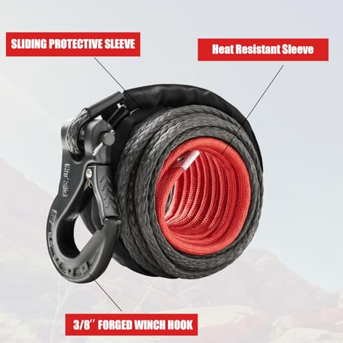 HEDGFOX 3/8 inch x 80 feet Synthetic Winch Rope Extension 24,000 Lbs for Off Road Vehicle SUV Gray with Heavy-Duty Hook and Safety Strap
