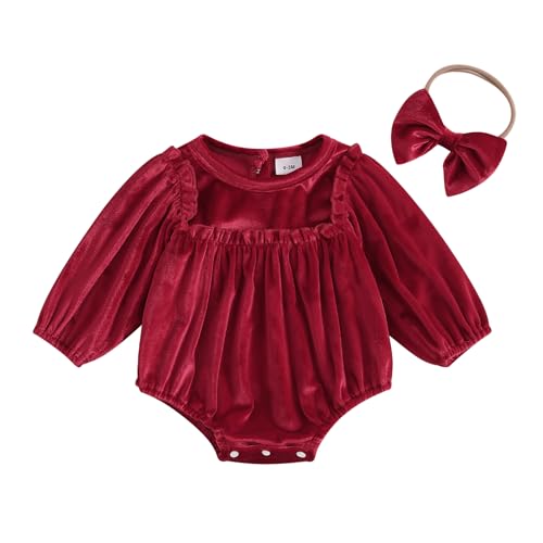 Thorn Tree Newborn Baby Girls Christmas Clothes Long Sleeve Velvet Ruffle Romper& Headband Fall Winter Outfits