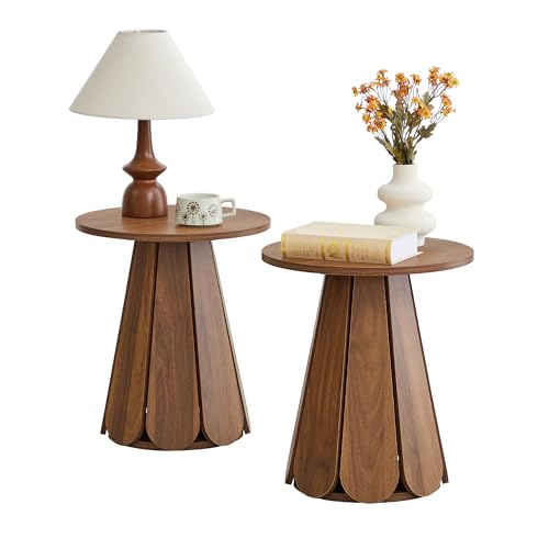 Image of Round End Table Nightstand Set of 2, Mid Century Modern Side Table, Circle Bedside Tables Wood Night Stands for Bedroom, Living Room, Small Space, Walnut