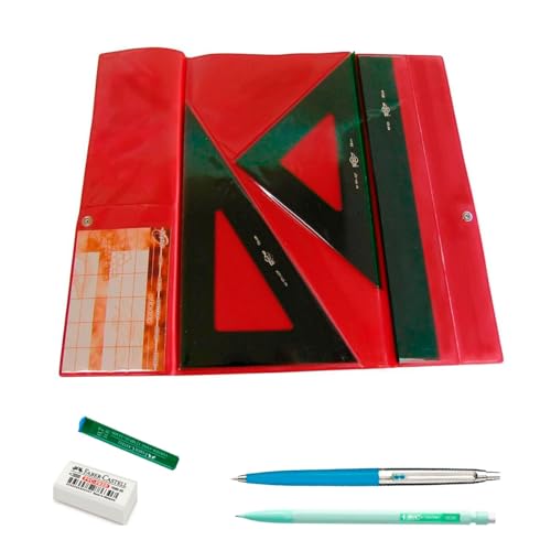 Pack FAIBO Estuche técnico Verde Regla 30 cm GRADUADA, escuadra y cartabón 25 cm SIN GRADUAR + REGALO Bolígrafo INOXCROM B55 Fiesta Azul + Portaminas HB 0,7mm + Minas 0,7mm + Goma de borrar
