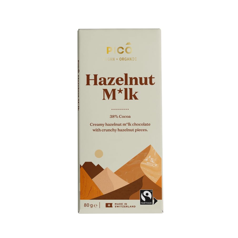 Pico Chocolate - Hazelnut Milk Chocolate Vegan Bars - 38% Cocoa, Organic Swiss Milk Chocolate with Crunchy Hazelnut Pieces - 1 x 80g