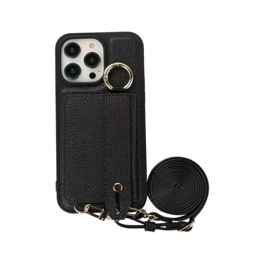 Étui portefeuille en cuir iPhone 15 Pro Max avec bandoulière et fentes cartes noir