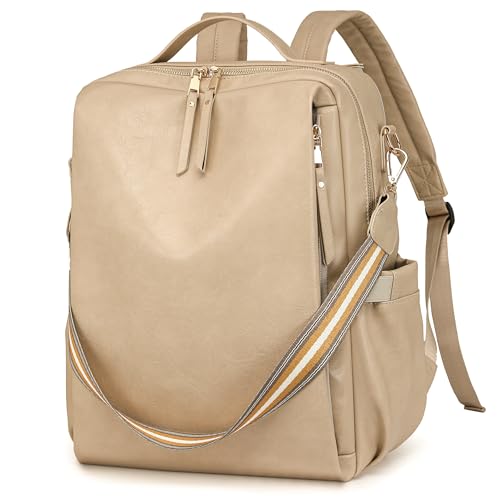 Dora & Liz Mochila para laptop para mulheres, mochila de viagem em couro com compartimento para laptop de 15,6 polegadas, bolsa de computador para faculdade e trabalho, Off-white, 11.5 x 5.6 x 16.2