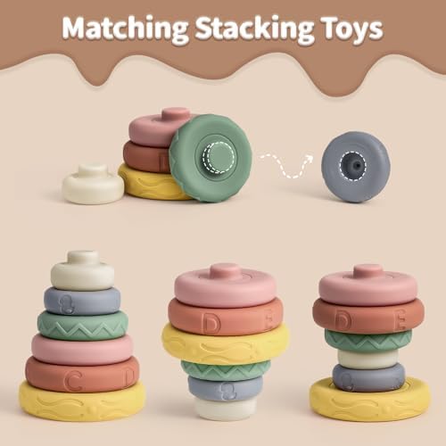 Mini Tudou 6 Pcs Stacking & Nesting Circle Toy 4.7",Soft Building Rings Stacker & Teethers,Squeeze Play with Early Educational Learning Stacking Tower, Toy for 6+ Months Boys&Girls - 1