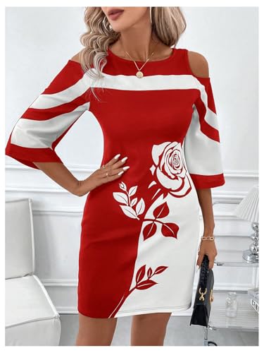 Image of Verdusa Women's Floral Print Cold Shoulder Dress Color Block Half Sleeve Short Dress