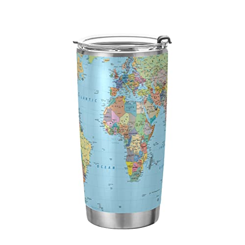 Poeticcity Colorful World Map with Turquoise Ocean Background Tumbler with Lid and Straw, BPA-Free Vacuum Insulated Thermal Coffee Mug 20oz,Stainless Steel Double Wall Travel Cup Water Bottle