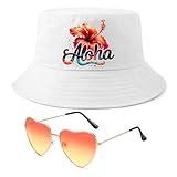 RgitFzi Disfraz hawaiano para mujer, sombrero de verano con diseño de flores Aloha – Sombrero de sol para mujer talla única con gafas de sol de corazón – Mallorca fiesta traje playa vacaciones