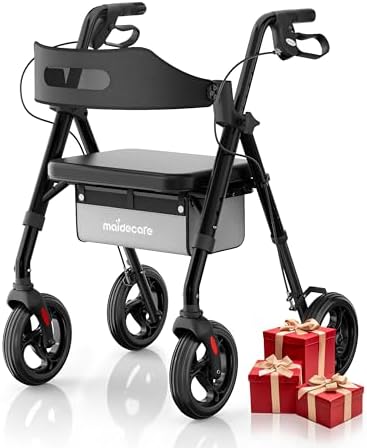 Rollator Faltbar und Leicht mit Sitz, Rollator Schmal für Wohnung, Rollatoren für Senioren mit höhenverstellbar Sitz und Griff, Gehwagen leicht klappbar mit Bremse, 8" All-Terrain