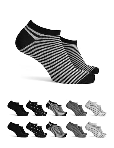 Basic Treasure 10 Paar Sneaker Socken 43-46 mit Streifen und Punkten Baumwolle, Ringelsocken für Damen und Herren, Muster