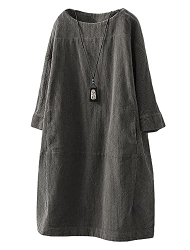 Minibee Damen Oversize Tunika Kleid Cord Langarm Tops mit Taschen - Grau - XX-Large