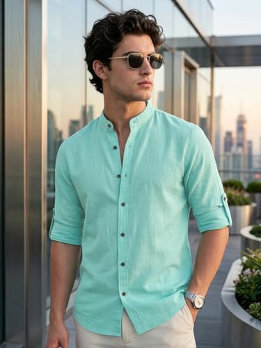 Image of Urbano Fashion Men's Linen Blend Full Sleeve Relaxed Fit Mandarin Collar Casual Solid Shirt